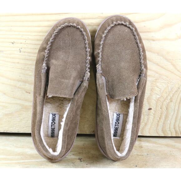 New Minnetonka Moccasins Mens 9M Brown Suede Venetian Faux Fur Lined - Picture 4 of 6